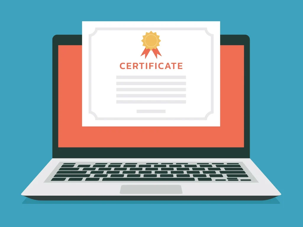 illustration of a paper certificate on the screen of a laptop