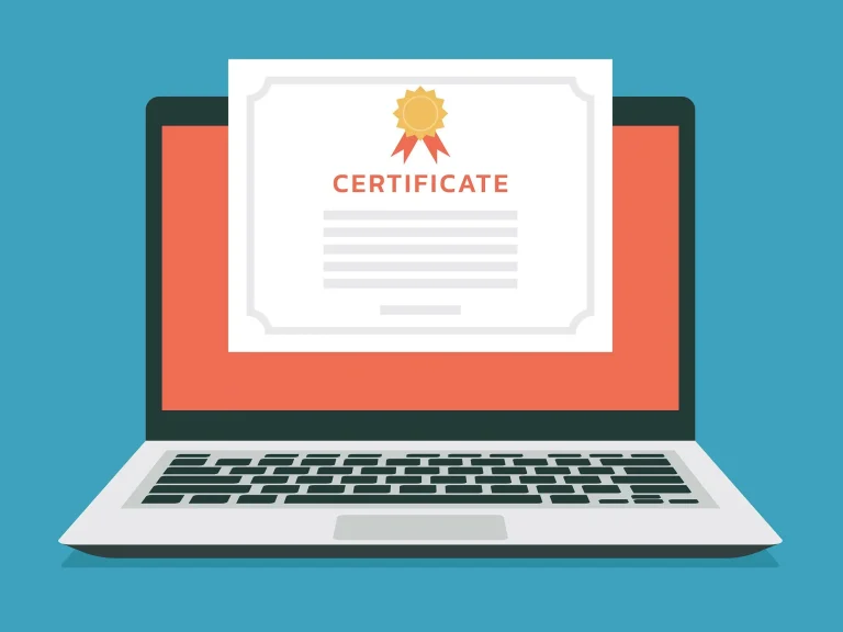 illustration of a paper certificate on the screen of a laptop